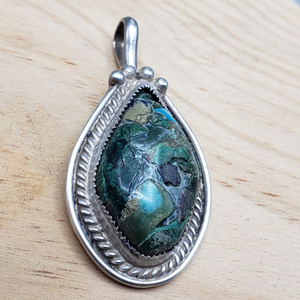 Navajo Sterling Silver w/Malachite & Turquoise -Inlay Nugget Vintage Native .925